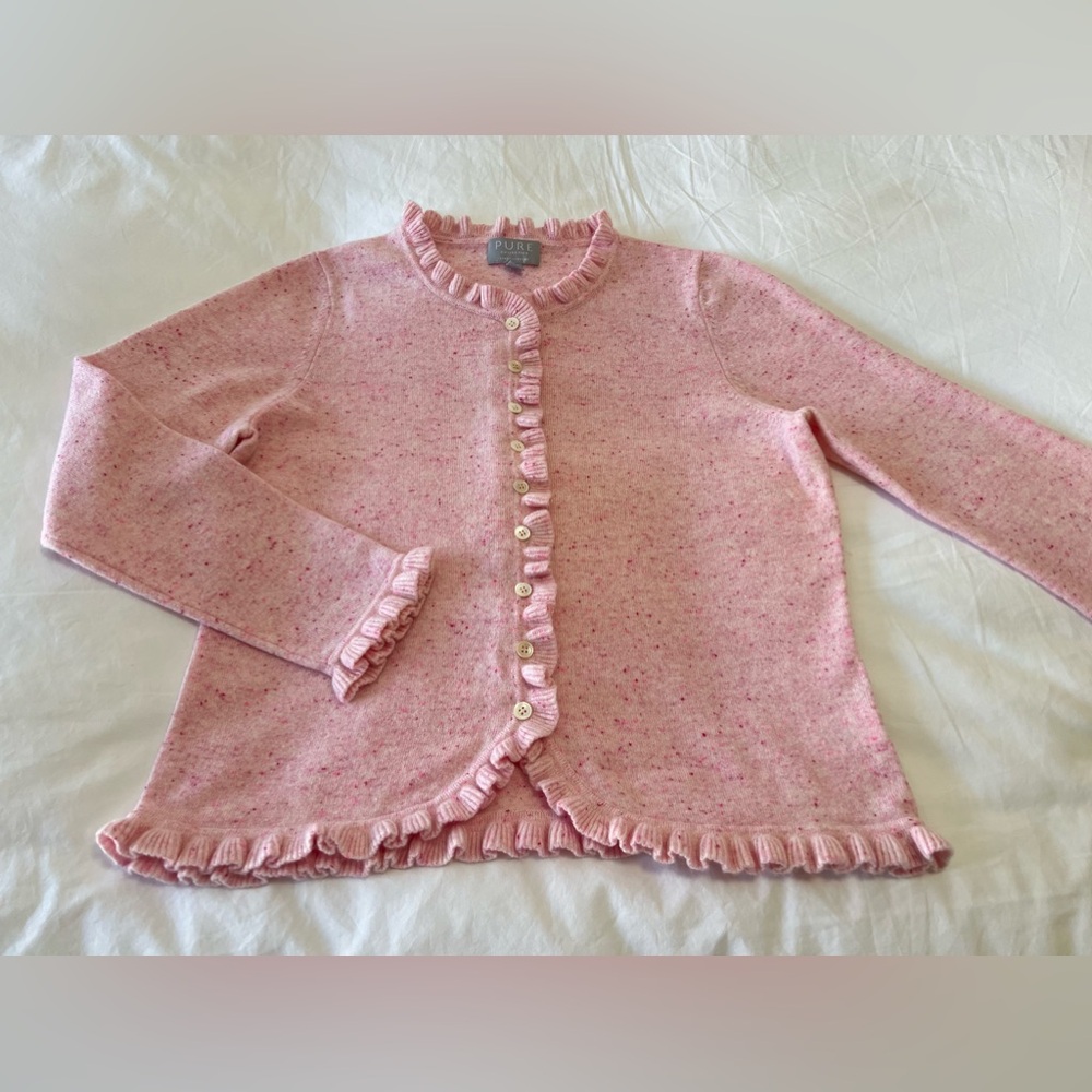 PURE COLLECTION | Women’s SZ 12 | Pink Cashmere Ruffle Trim Cardigan Sweater EUC